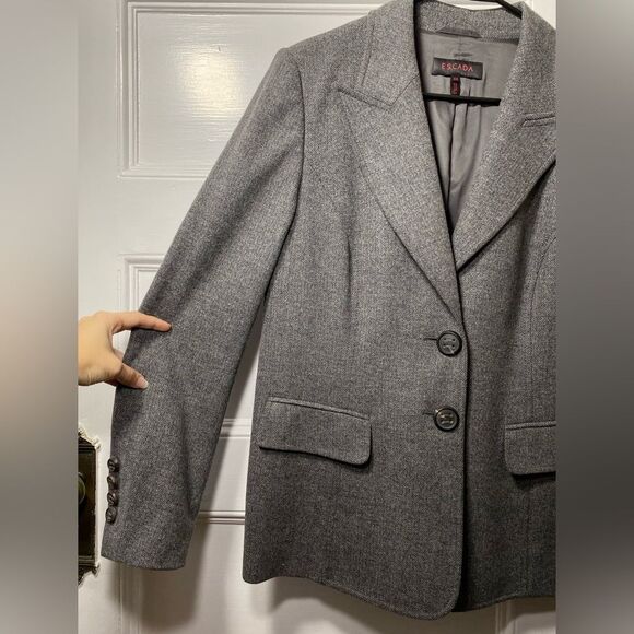 Escada | Tweed Pattern Button Front Wool Blazer Jacket in Gray Sz 44 Large - Picture 5 of 15